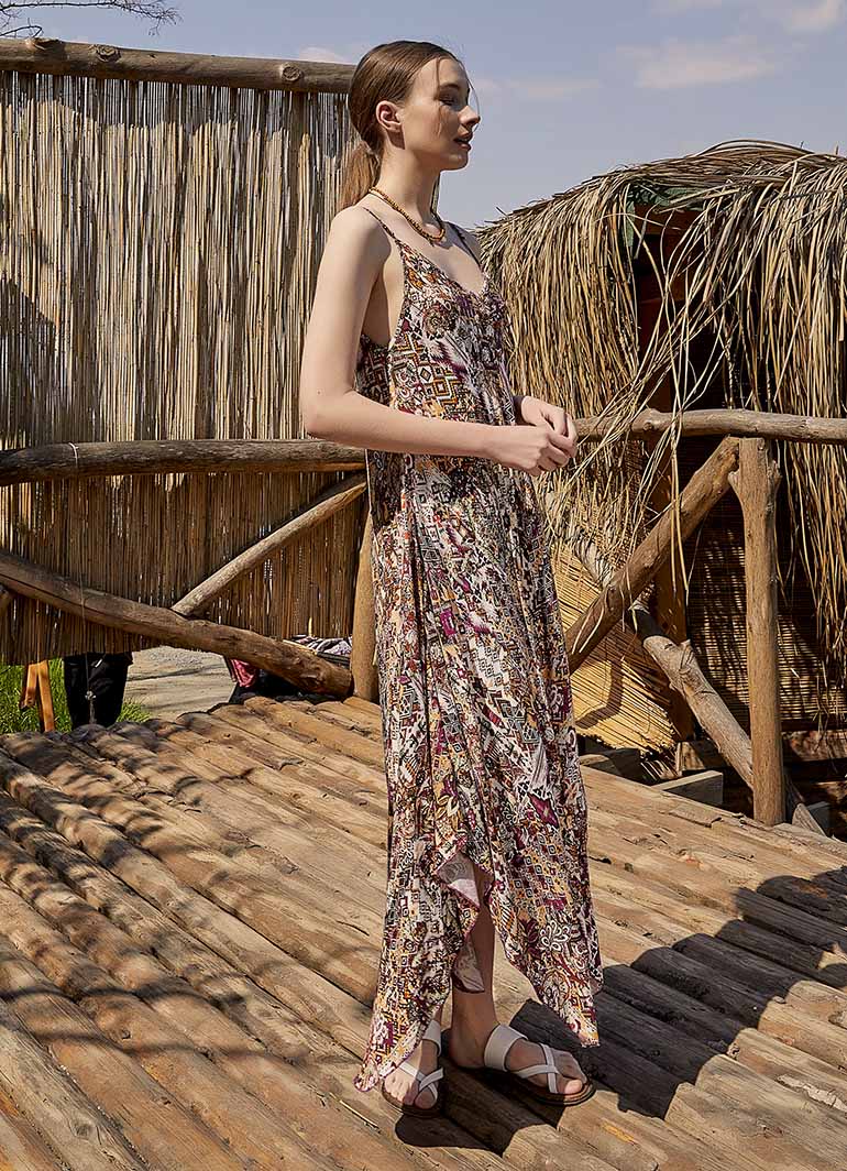 Spaghetti Strap Flowy Patterned Purple Dress 4875