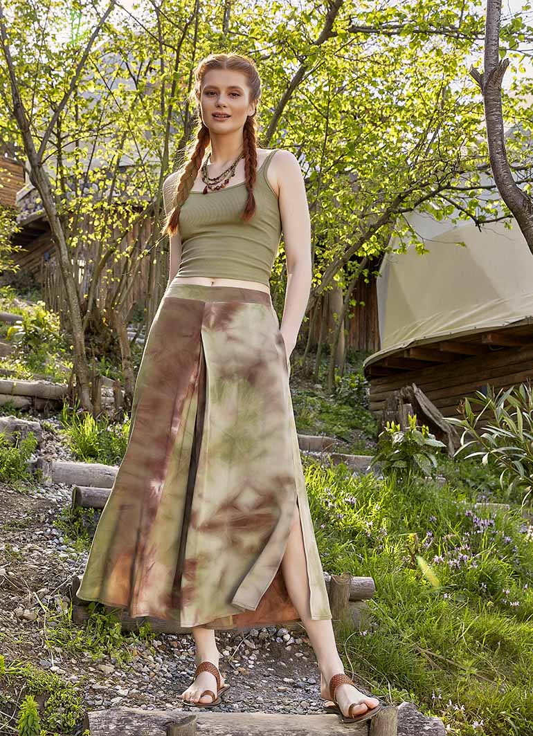 Women's Khaki Batik Culottes with Front Box Pleat Detail 4895