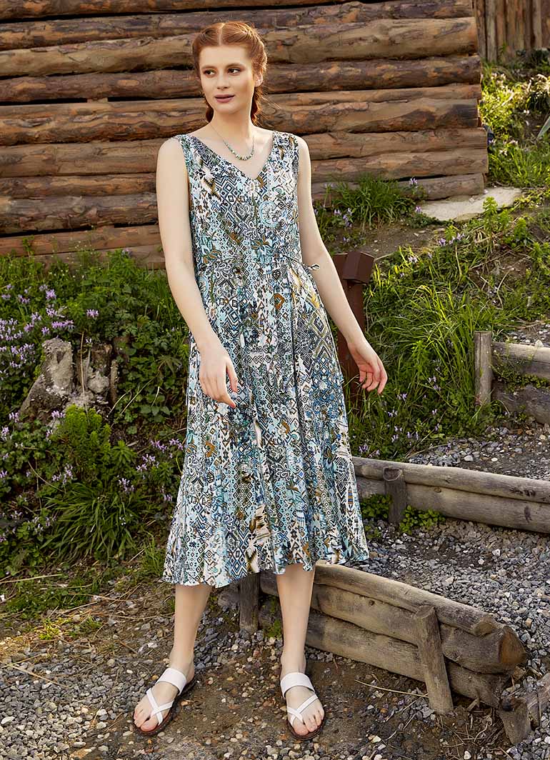 Authentic Blue Patterned Summer V-Neck Dress 4869