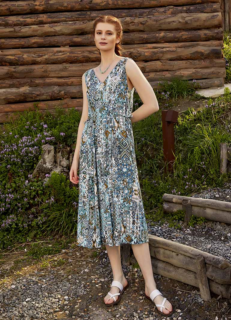 Authentic Blue Patterned Summer V-Neck Dress 4869