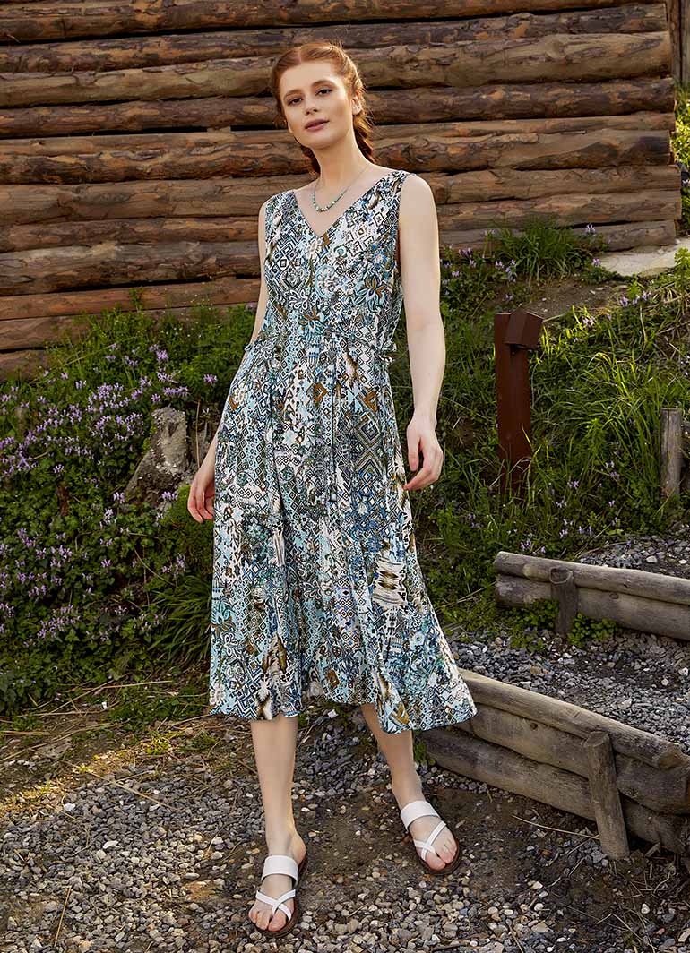 Authentic Blue Patterned Summer V-Neck Dress 4869