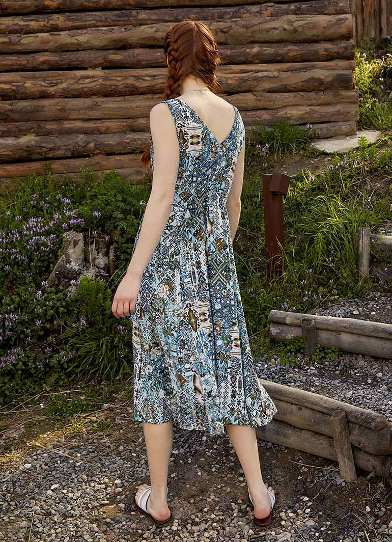 Authentic Blue Patterned Summer V-Neck Dress 4869