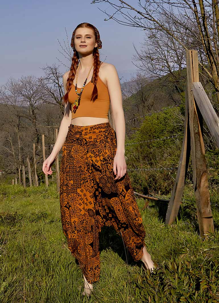 Drape Waist Loose-Fit Women's Orange Patterned Harem Pants 4879