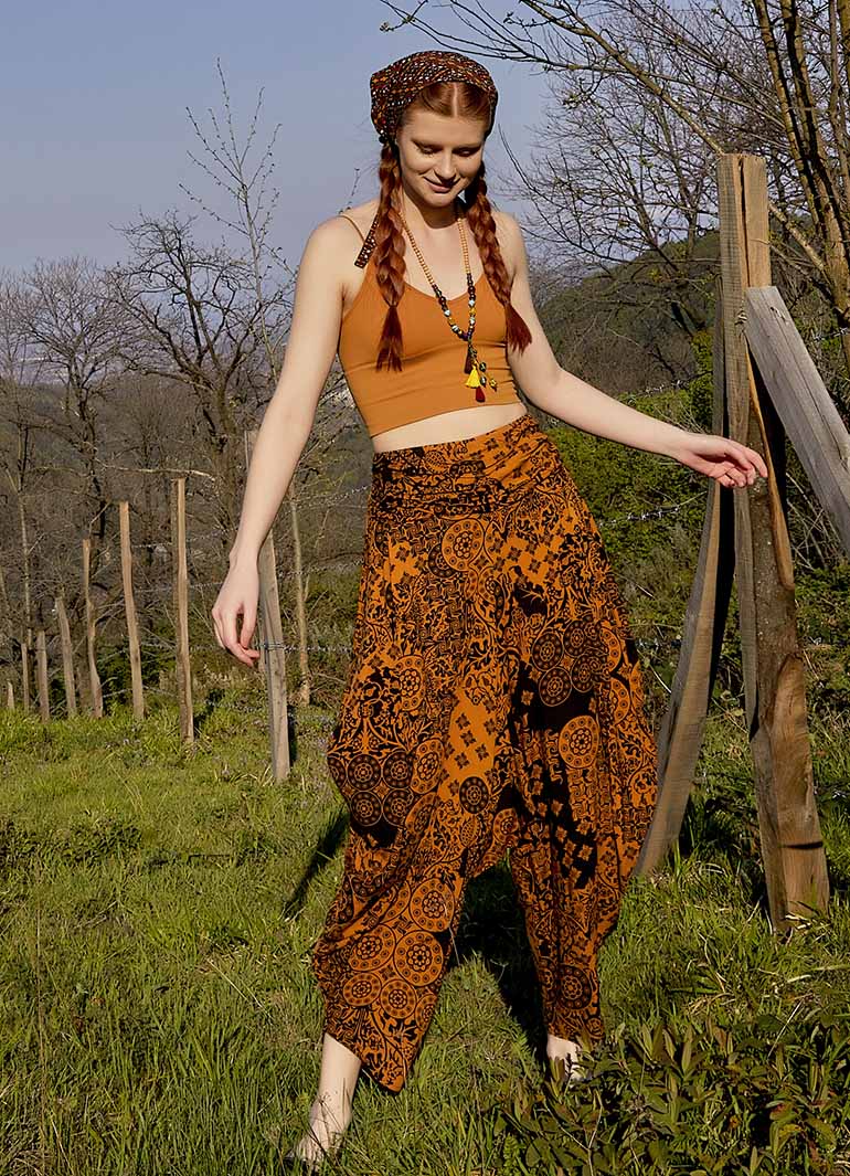 Drape Waist Loose-Fit Women's Orange Patterned Harem Pants 4879