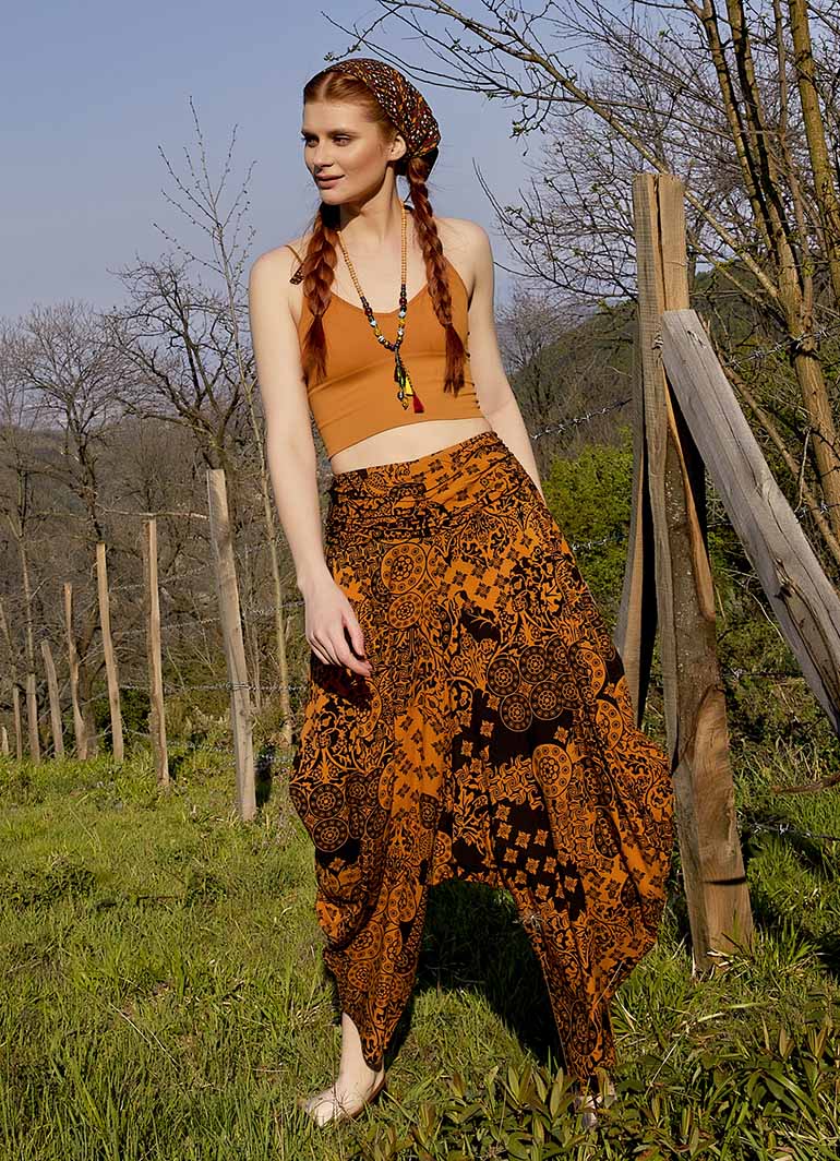Drape Waist Loose-Fit Women's Orange Patterned Harem Pants 4879