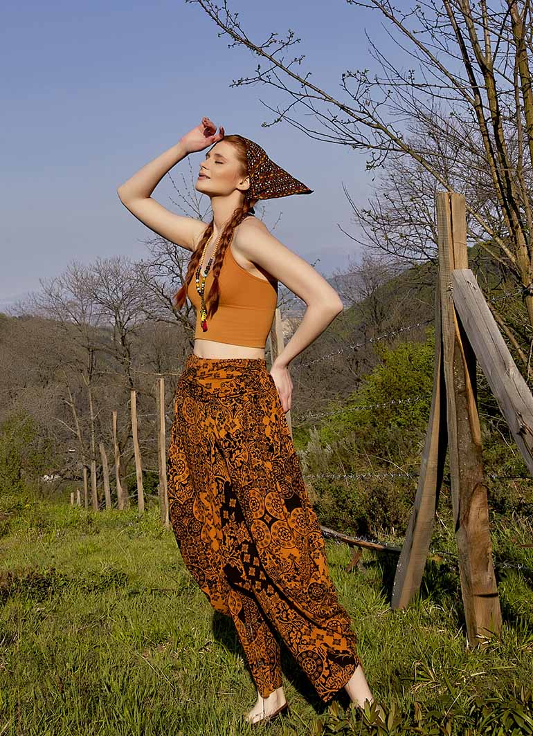 Drape Waist Loose-Fit Women's Orange Patterned Harem Pants 4879