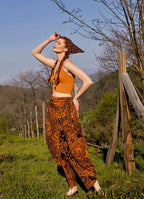 Drape Waist Loose-Fit Women's Orange Patterned Harem Pants 4879