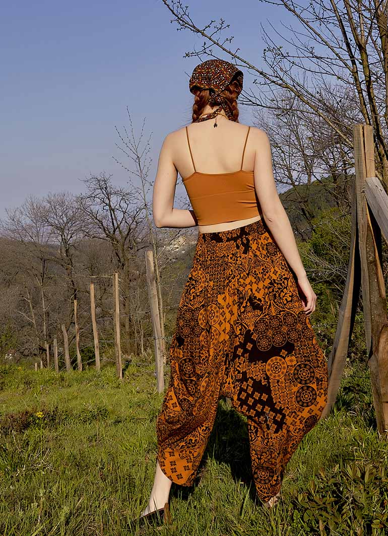 Drape Waist Loose-Fit Women's Orange Patterned Harem Pants 4879