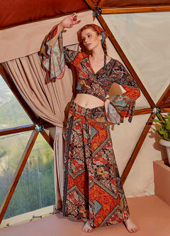 Low Rise Buttoned Wide Leg Patterned Women's Brown Trousers 4855