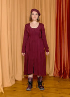 Bisiklet Yaka Düğme Detaylı Bordo Uzun Kollu Elbise 7117
