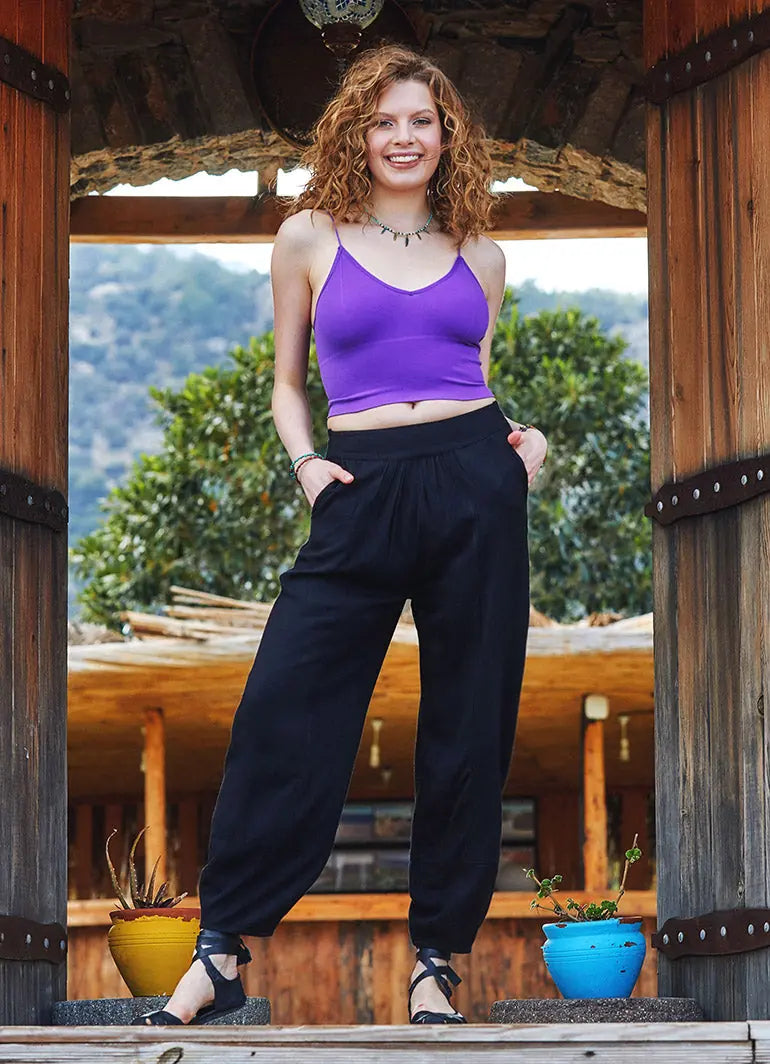 Siyah Otantik Beli Lastikli Şalvar Pantolon 3288