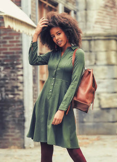 Button-Down Long Sleeve Knee-Length Khaki Shirt Dress 2526