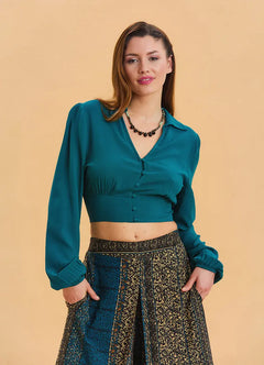 Shirt Collar Button Detail Petrol Crop Blouse 6750