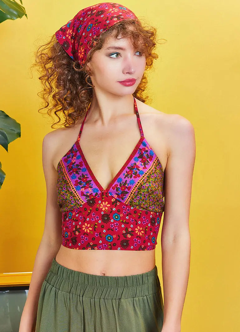 Sırtı Açık Boyundan Bağlamalı Otantik Desenli Crop Bluz 5261