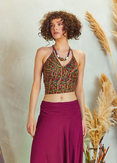 Halter Neck Backless Burgundy Floral Blouse