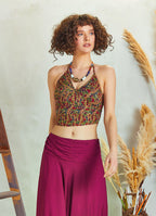 Halter Neck Backless Burgundy Floral Blouse