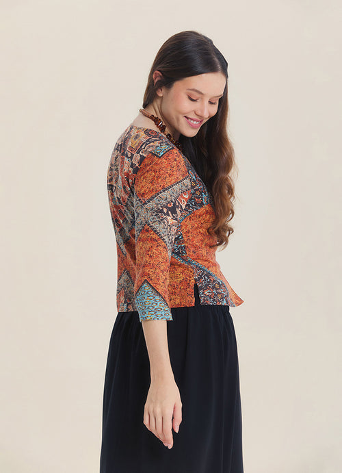 Crew Neck Button Detailed Brown Authentic Blouse 7216
