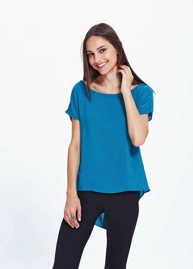 Boat Neck High-Low Turquoise Blouse 4854