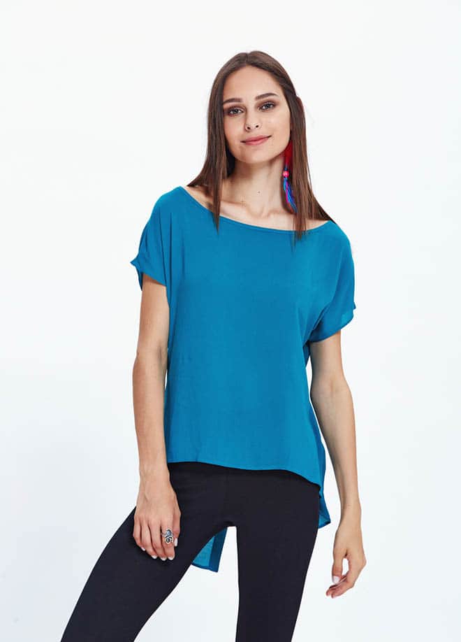 Boat Neck High-Low Turquoise Blouse 4854