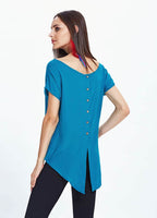Boat Neck High-Low Blue Blouse 685