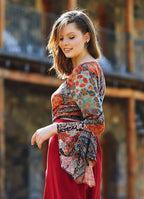 Etnik Desenli İspanyol Kol Crop Bluz 3189