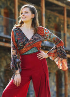 Etnik Desenli İspanyol Kol Crop Bluz 3189