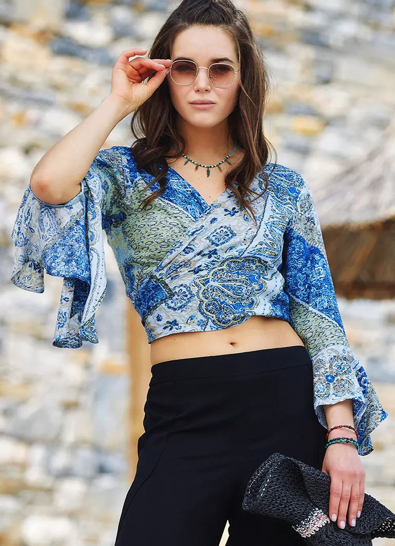Mavi Desenli İspanyol Kol Crop Bluz 3191