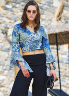 Mavi Desenli İspanyol Kol Crop Bluz 3191