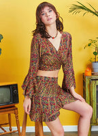 Otantik Desenli İspanyol Kol Crop Bluz 5198