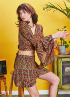 Otantik Desenli İspanyol Kol Crop Bluz 5198