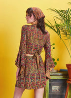 Otantik Desenli İspanyol Kol Crop Bluz 5198