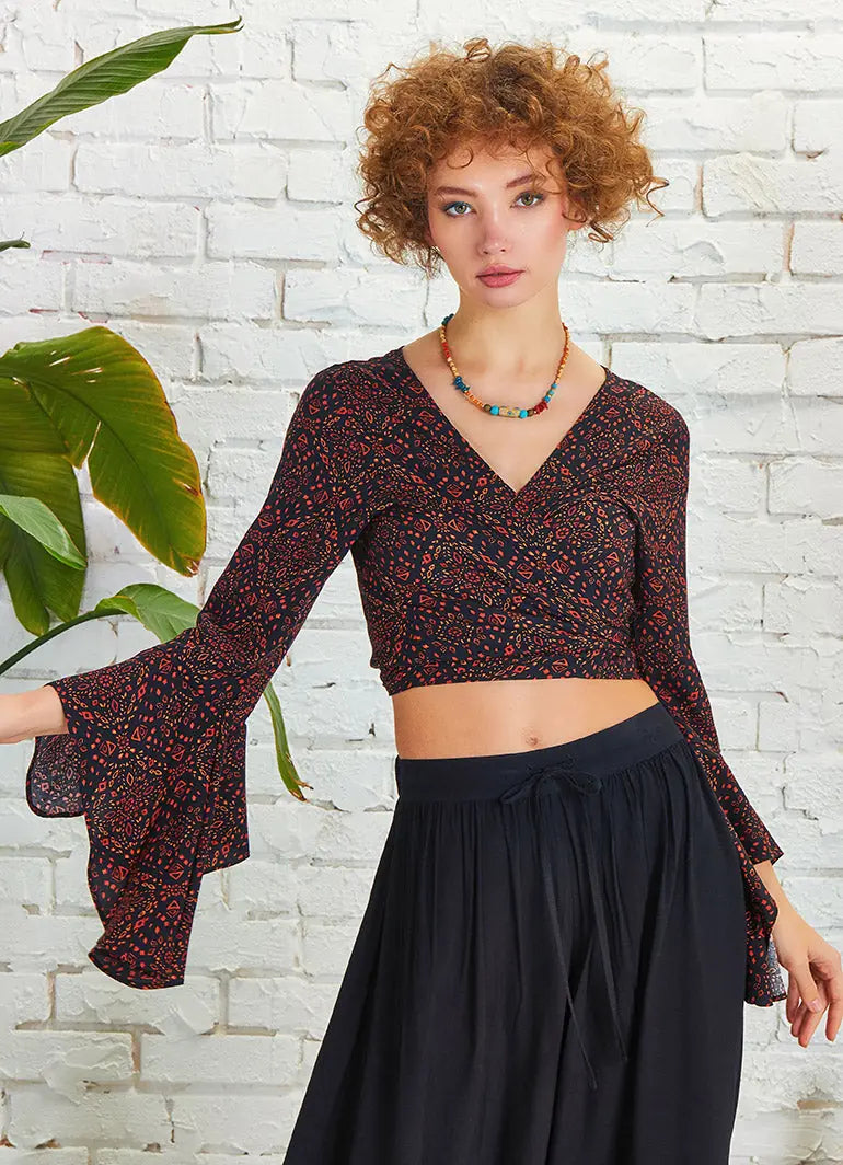 Kahve Desenli İspanyol Kol Crop Bluz 5297
