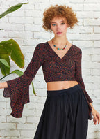 Kahve Desenli İspanyol Kol Crop Bluz 5297