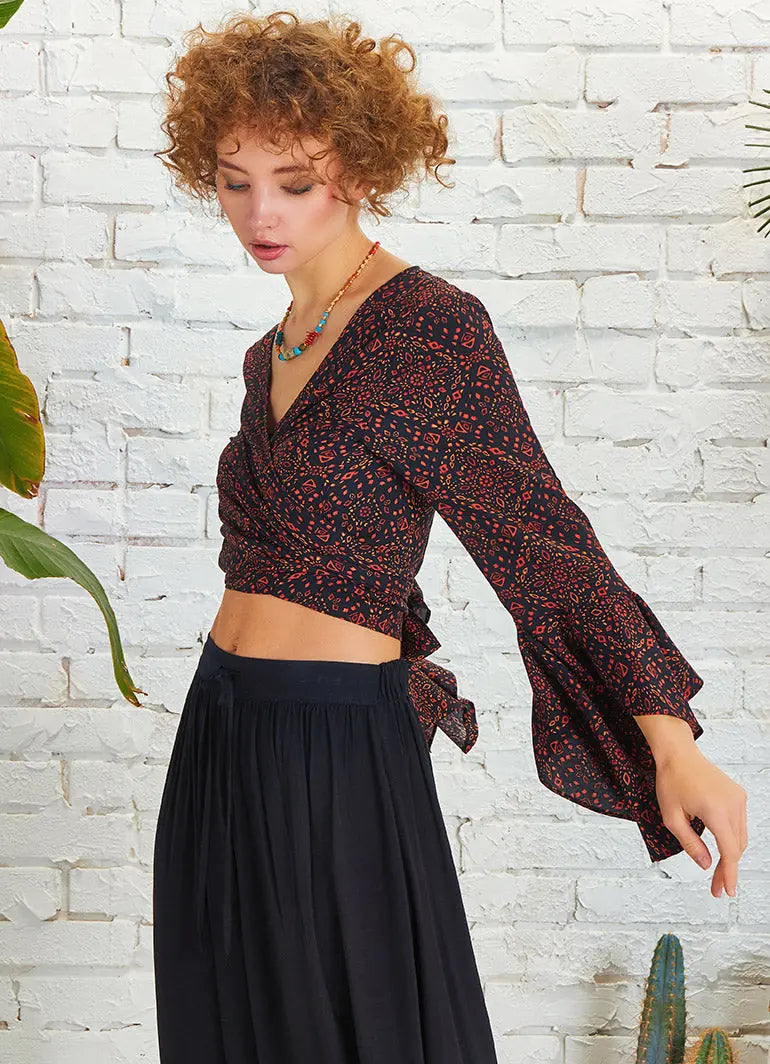 Kahve Desenli İspanyol Kol Crop Bluz 5297