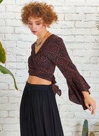 Kahve Desenli İspanyol Kol Crop Bluz 5297