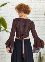 Kahve Desenli İspanyol Kol Crop Bluz 5297