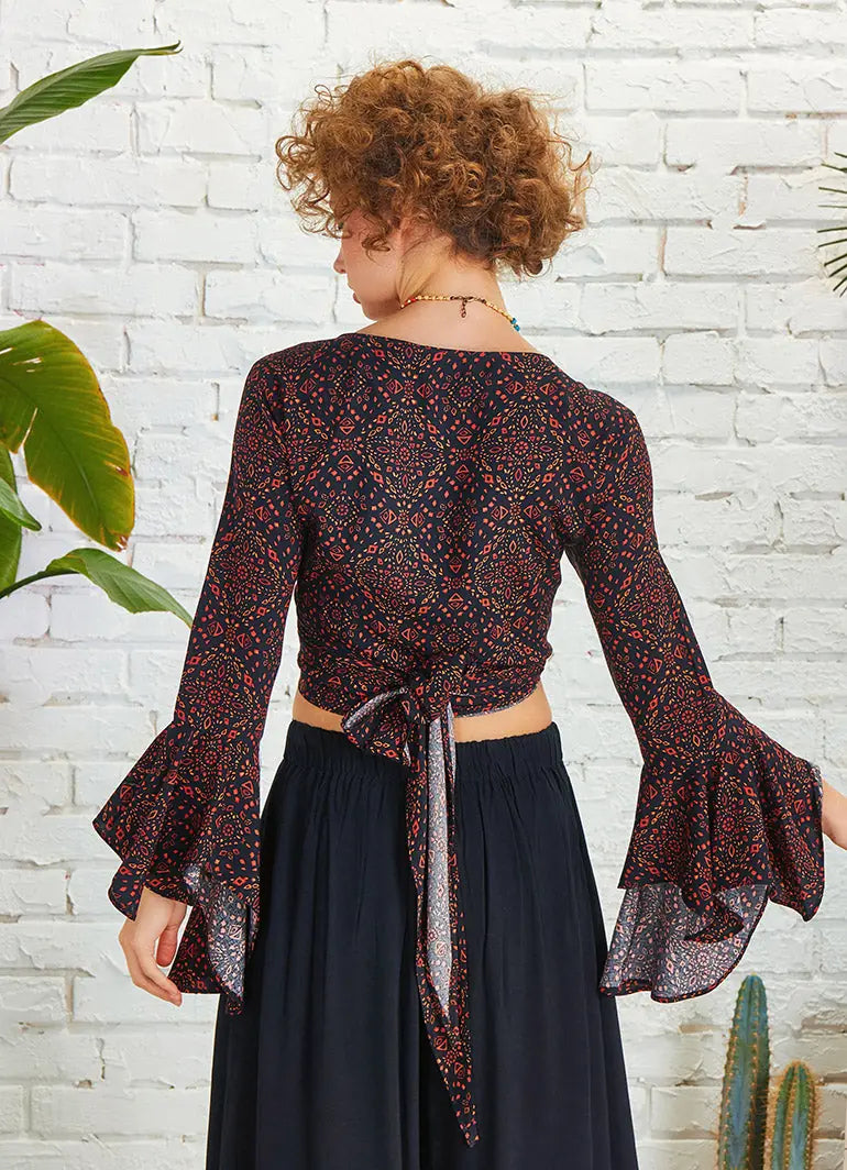 Kahve Desenli İspanyol Kol Crop Bluz 5297