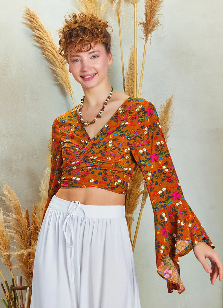 Sarı Çiçekli İspanyol Kol Crop Bluz 5268