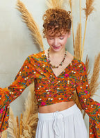 Sarı Çiçekli İspanyol Kol Crop Bluz 5268