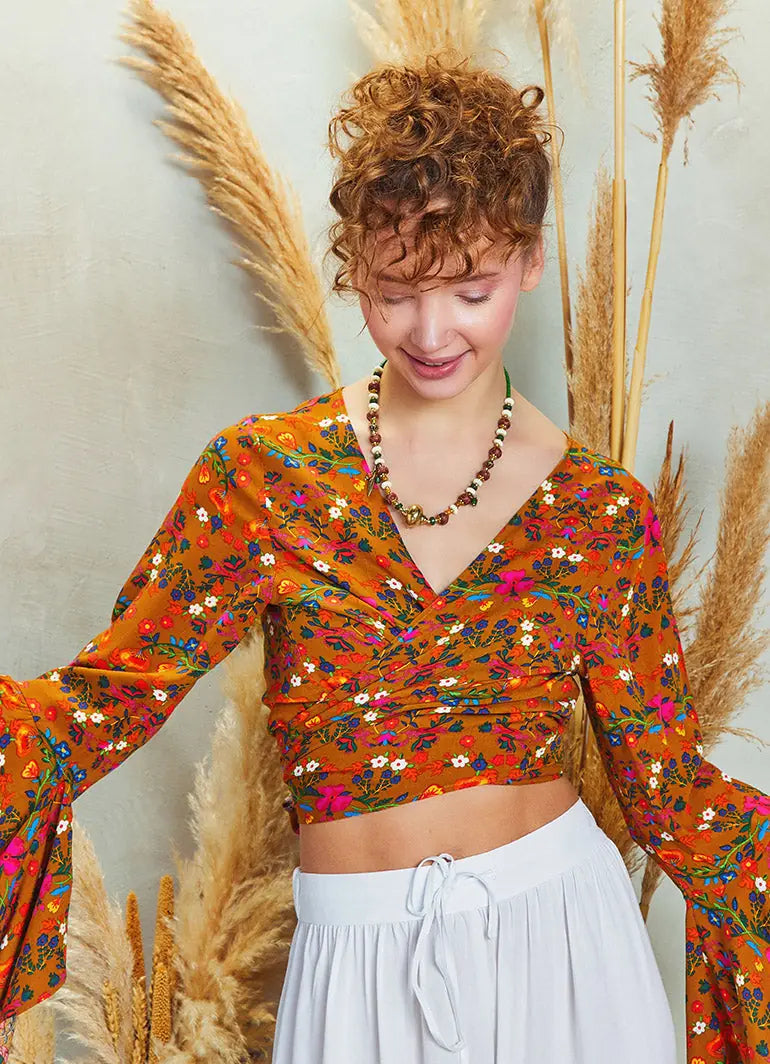 Sarı Çiçekli İspanyol Kol Crop Bluz 5268