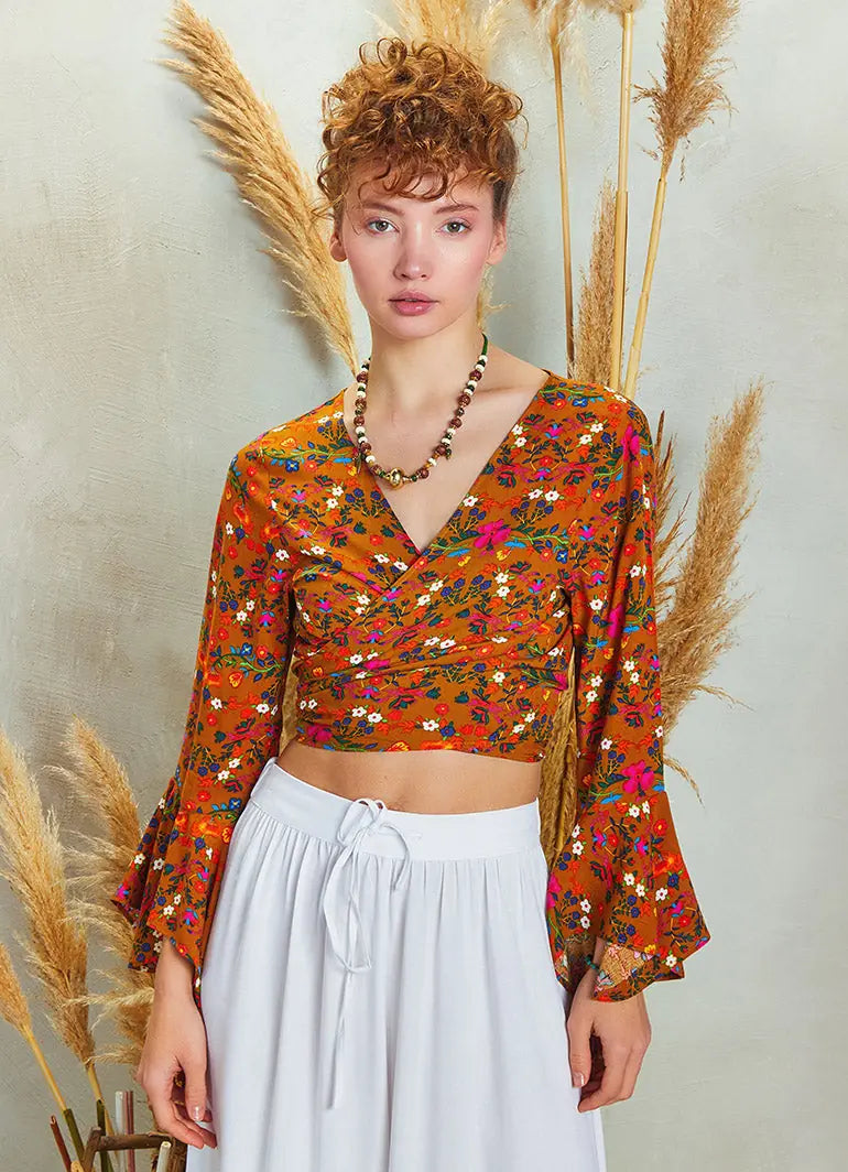 Sarı Çiçekli İspanyol Kol Crop Bluz 5268