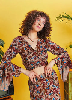 Rose Patterned Spanish Sleeve Crop Blouse 5197