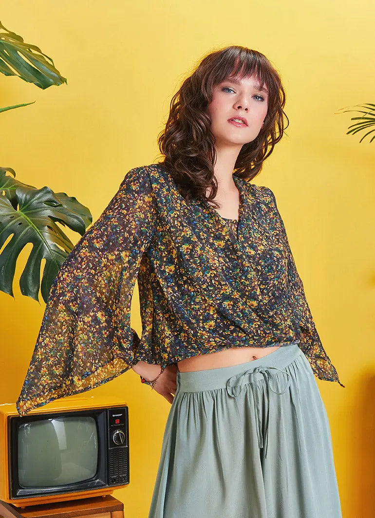 Truvakar Kol Bohem Stil Sarı Çiçekli Şifon Bluz 5196