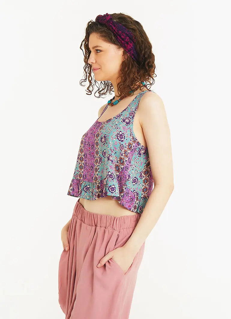 Bohem Tarz Kalın Askılı Pembe Çiçekli Crop Bluz 5336