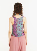 Bohem Tarz Kalın Askılı Pembe Çiçekli Crop Bluz 5336