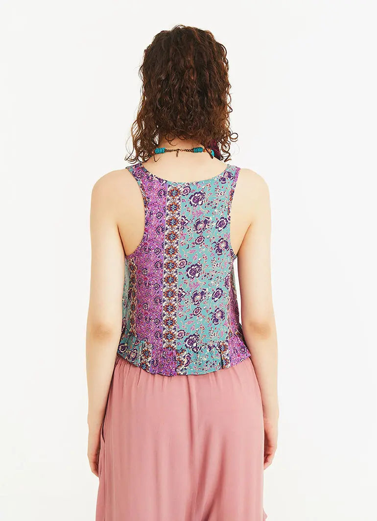 Bohem Tarz Kalın Askılı Pembe Çiçekli Crop Bluz 5336