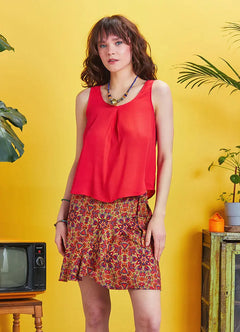 Front Box Pleat Detail Cowl Neck Red Backless Blouse 5149
