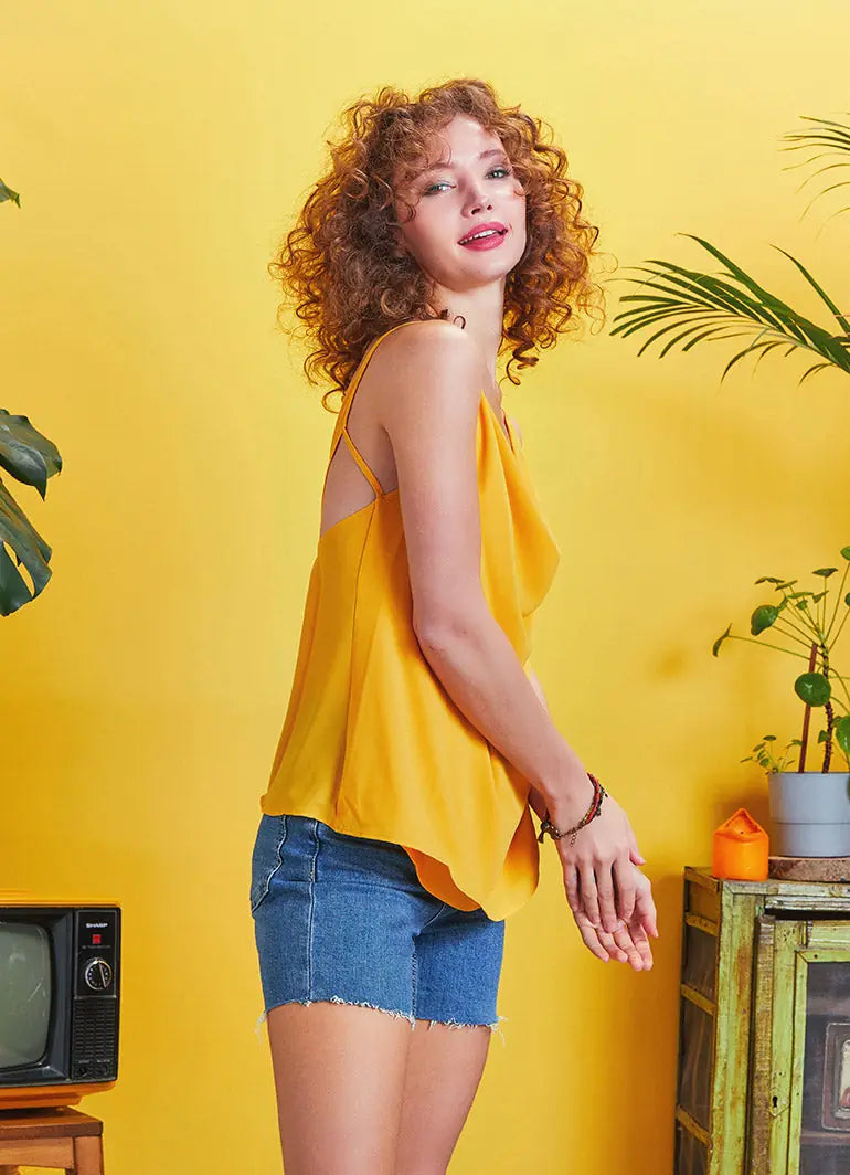 Yazlık Bohem Stil Degaje Yaka Turuncu Bluz 5146