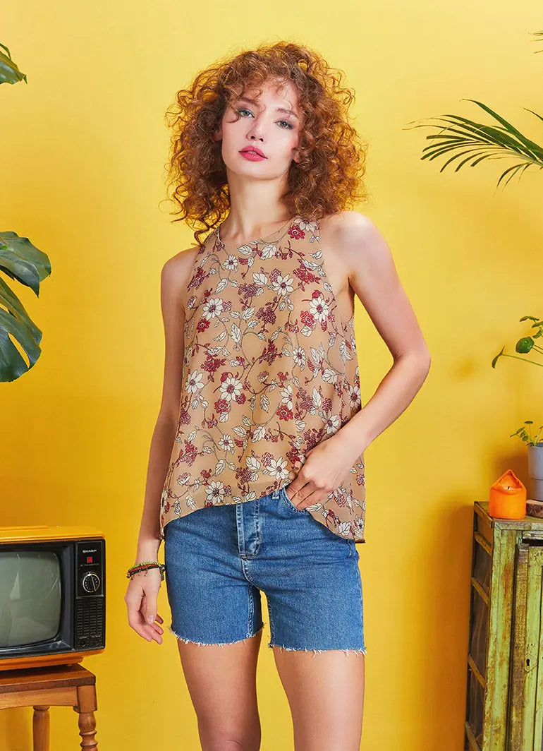 Halter Yaka Açık Sırt Detaylı Çiçek Desenli Kolsuz Bohem Bluz 5169