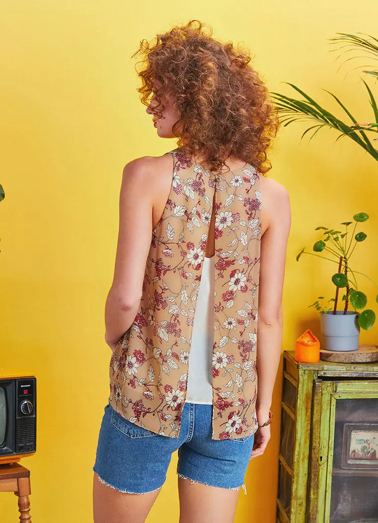 Halter Yaka Açık Sırt Detaylı Çiçek Desenli Kolsuz Bohem Bluz 5169